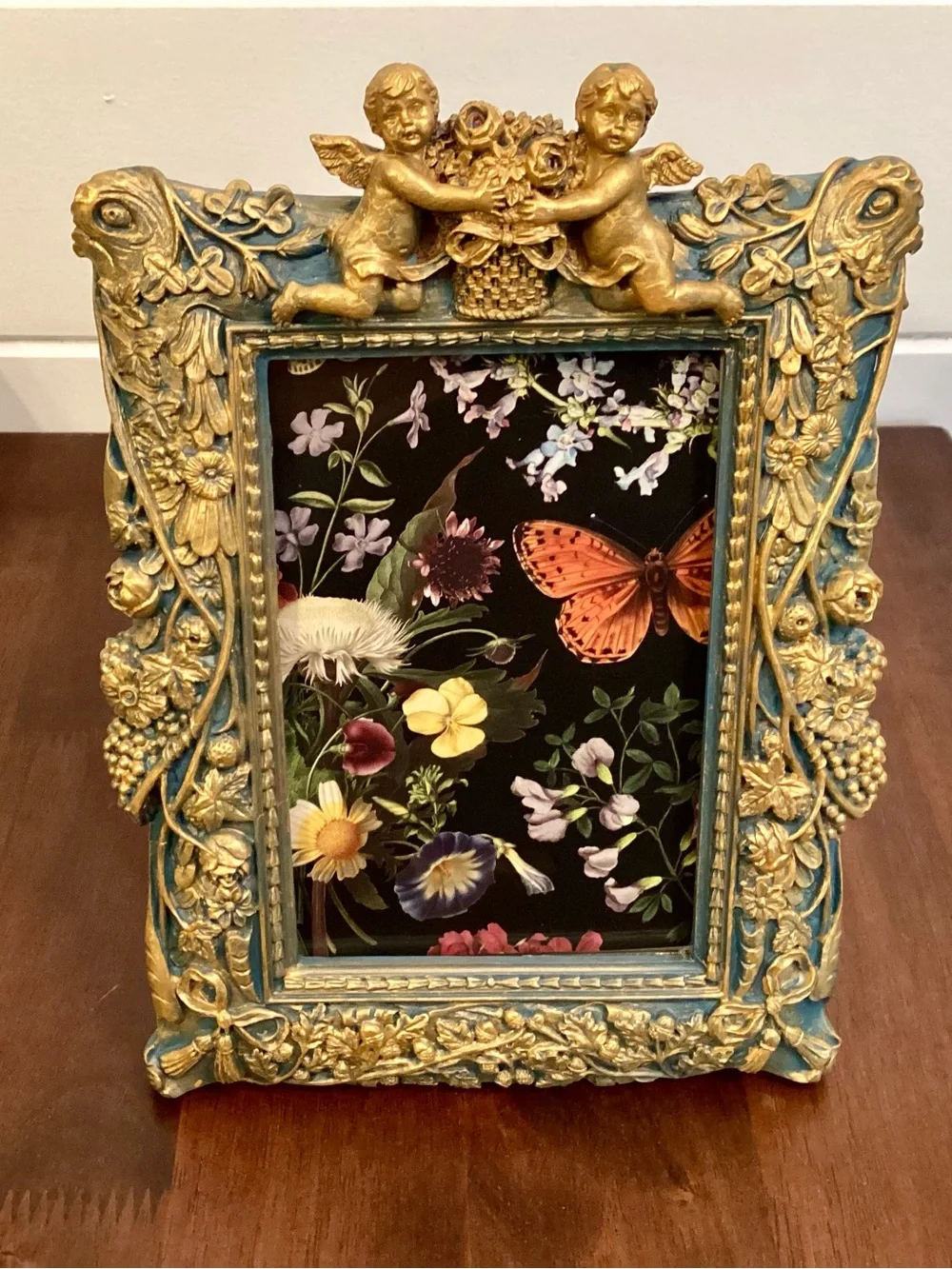 Ornate Gold and Teal Cherub Picture Frame - Decorative Home Accent